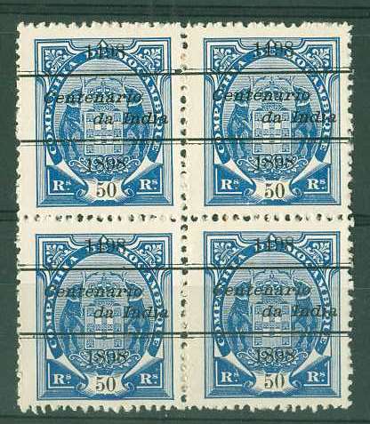 20Lis_1294.jpg -     Lote:     1294             Descrição:     1898 - 4.º Centenário do Descobrimento do Caminho Marítimo para a Índia. Selos tipo Elefante com sobrecarga "Centenário da Índia". CE35, 50 reis azul, denteado 12 /2, papel porcelana. Quadra nova sem charneira.         *        Valor Base:     &euro; 20,00     Valor Venda:     &euro;      