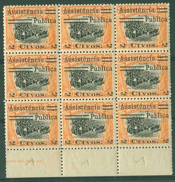 20Lis_1296.jpg -     Lote:     1296             Descrição:     1932 - Imposto Postal. Motivos locais, com sobretaxa Assistência Pública e sobretaxa. CE IP1, 2 ctvs s/ 3 ctvs ocre e preto. Bloco de 9 selos, bordo inferior de folha, com acentos no "e" e "u".         ***        Valor Base:     &euro; 8,00     Valor Venda:     &euro;      