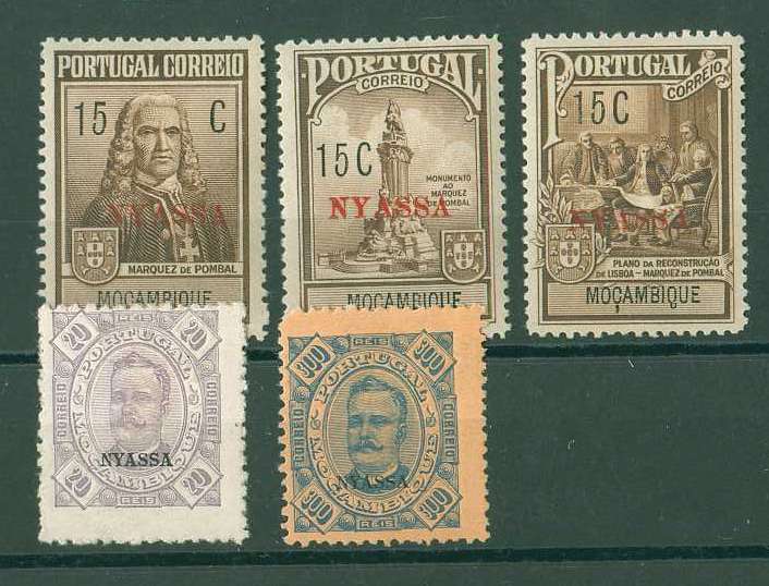 20Lis_1303.jpg -     Lote:     1303             Descrição:     Lote composto por série do Imposto Postal * Monumento ao Marquês de Pombal + selos de 20 e 300 reis D. Carlos I Diogo Neto de Moçambique com sobrecarga Nyassa. Lote a ver.         **        Valor Base:     &euro; 2,00     Valor Venda:     &euro;      