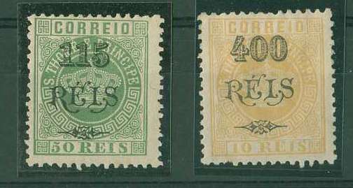 20Lis_1306.jpg -     Lote:     1306             Descrição:     1902 - Tipo Coroa com sobretaxa. CE59/60, 115 s/50 reis e 400 s/10 reis, em denteado 11.5. Valor de catálogo &euro; 82.61.         **        Valor Base:     &euro; 20,00     Valor Venda:     &euro;      