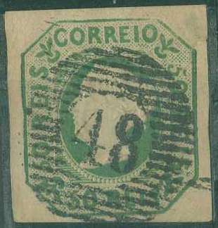 20Lis_971.jpg -     Lote:     971             Descrição:     1853 - D. Maria II. Percursores Açores. CE3, 50 reis verde, margens normais, obliterado com carimbo numérico da 1.ª reforma 48 - ANGRA. Ligeira transparência e pequeno corte no canto superior direito. Valor de catálogo &euro; 1.800,00.         O        Valor Base:     &euro; 100,00     Valor Venda:     &euro;      