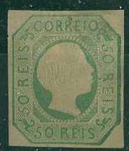 20Lis_973.jpg -     Lote:     973             Descrição:     1855/56 - D. Pedro V, cabelos lisos. CE8, 50 reis verde azul com margens curtas. Valor de catálogo &euro; 1310,00.         *        Valor Base:     &euro; 200,00     Valor Venda:     &euro;      