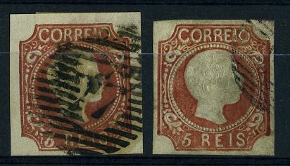 20Lis_981.jpg -     Lote:     981             Descrição:     1856/58 - D. Pedro V. Cabelos anelados. CE10, 5 reis. Dois exemplares em castanho vermelho e castanho amarelo. Margens largas no primeiro e curtas no segundo.         O        Valor Base:     &euro; 20,00     Valor Venda:     &euro;      