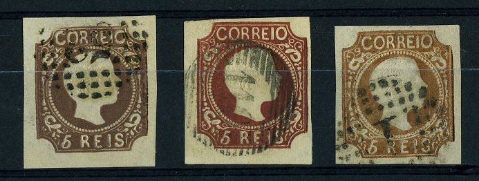 20Lis_982.jpg -     Lote:     982             Descrição:     1856/58 - D. Pedro V. Cabelos anelados. CE10, 5 reis. Três exemplares em castanho, castanho vermelho e castanho amarelo, todos com margens normais. Valor de catálogo &euro; 681,00.         O        Valor Base:     &euro; 75,00     Valor Venda:     &euro;      