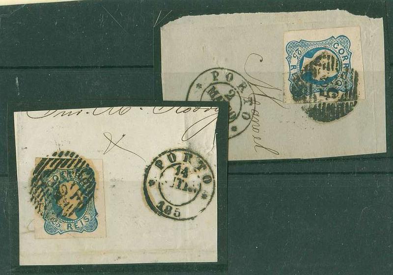 20Lis_985.jpg -     Lote:     985             Descrição:     1856/58 - D. Pedro V. Cabelos anelados. CE12, 25 reis azul. Dois grandes fragmentos com um selo cada.         FRG        Valor Base:     &euro; 25,00     Valor Venda:     &euro;      