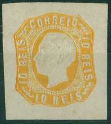 20Lis_988.jpg -     Lote:     988             Descrição:     1862/64 - D. Luís I. CE15, 10 reis amarelo laranja, margens largas. Valor de catálogo &euro; 232,00. MB.         **        Valor Base:     &euro; 100,00     Valor Venda:     &euro;      