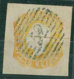 20Lis_990.jpg -     Lote:     990             Descrição:     1862/64 - D. Luís I. CE15, 10 reis amarelo, com margens excepcionais, inutilizado à pena e com carimbo numérico 52 do Porto. Peça muito interessante.         O        Valor Base:     &euro; 20,00     Valor Venda:     &euro;      