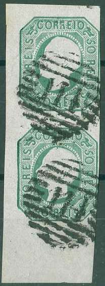 20Lis_993.jpg -     Lote:     993             Descrição:     1862/64 - D. Luís I. CE17, 50 reis verde azul. Par vertical fundo de folha, obliterado com carimbo numérico da 1.ª reforma 114 - Almeida. Uma margem curta. Valor de catálogo &euro; 501,00. MB e R.         O        Valor Base:     &euro; 180,00     Valor Venda:     &euro;      