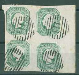20Lis_995.jpg -     Lote:     995             Descrição:     1862/64 - D. Luís I. CE17, 50 reis verde azul. Quadra, bordo esquerdo de folha, obliterado com carimbo numérico da 1.ª reforma 114 - Almeida. Todas as margens muito largas. Valor de catálogo &euro; 1.336,00. MB e R.         O        Valor Base:     &euro; 500,00     Valor Venda:     &euro;      