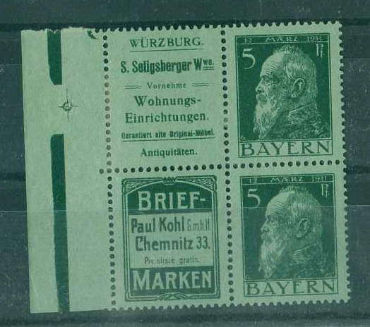 20Lis_1598.jpg -     Lote:     1598             Descrição:     Alemanha * Baviera - Dois selos de 5 pf em verde com vinhetas publicitárias, retirados do carnet. Yvert 77.         **        Valor Base:     € 12,00     Valor Venda:     €      