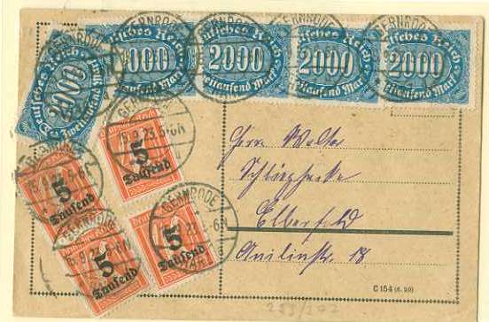 20Lis_1610.jpg -     Lote:     1610             Descrição:     Alemanha - Postal ilustrado circulado em 15.09.1923, com 5 selos de 2000 M e 4 selos de 5T /40M. Yvert 188 e 252.         PI        Valor Base:     &euro; 10,00     Valor Venda:     &euro;      