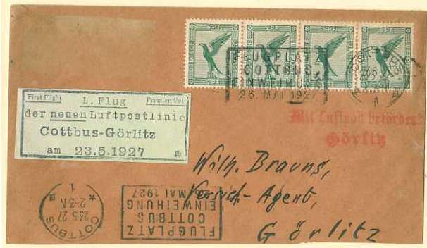 20Lis_1611.jpg -     Lote:     1611             Descrição:     Alemanha - 1.º Voo "COTTBUS-GORLITZ" em 23.05.1927 (ML314), com etiqueta verde e carimbo correspondente, franquiado com tira de 4 selos de Correio Aéreo Yvert A-27, os dois últimos com fenda. B e R.         Carta        Valor Base:     &euro; 35,00     Valor Venda:     &euro;      