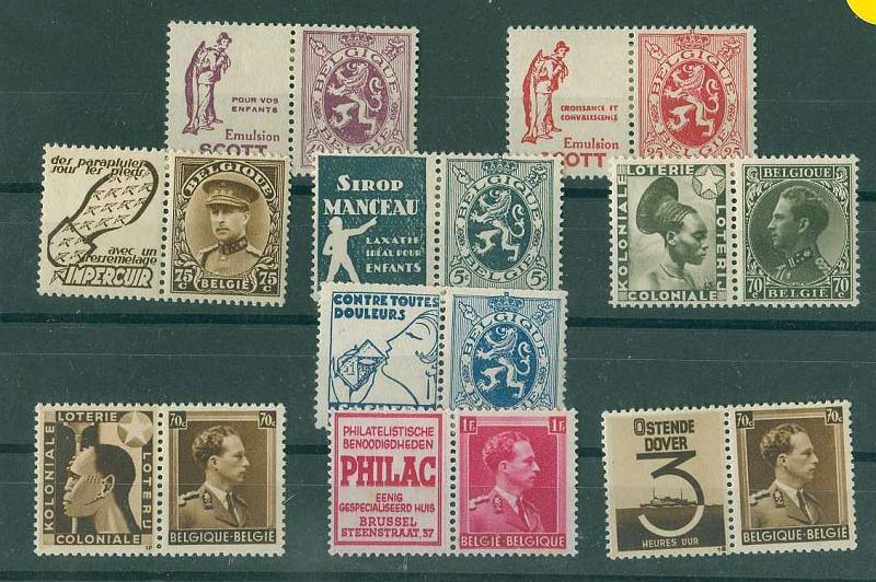 20Lis_1621.jpg -     Lote:     1621             Descrição:     Bélgica - Lote de 9 selos, novos, todos diferentes, com bandas publicitárias.         **        Valor Base:     € 38,00     Valor Venda:     €      