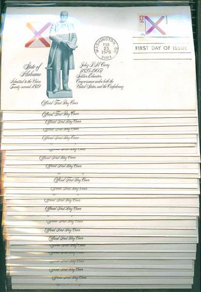 20Lis_1630.jpg -     Lote:     1630             Descrição:     EUA - Lote composto por 50 FDC's com selos de 13 ctms com as bandeiras dos 50 Estados Federais dos EUA, comemorativos do 2.º Centenário da fundação da União. Lote a ver.         Lote        Valor Base:     &euro; 80,00     Valor Venda:     &euro;      