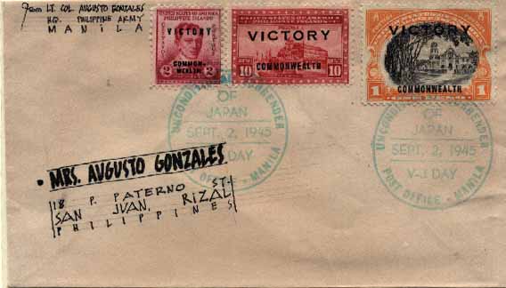 20Lis_1631.jpg -     Lote:     1631             Descrição:     Filipinas. Sobrescrito circulado de Manila (02.09.45) para S. Juan, com selos sobrecarregados "Victory / Commonwealth" e obliterados com carimbo batido a verde "Unconditional Surrender of Japan".         Carta        Valor Base:     &euro; 10,00     Valor Venda:     &euro;      