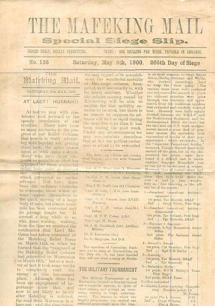 20Lis_1632.jpg -     Lote:     1632             Descrição:     Grã-Bretanha. Guerra Anglo-Boer. Jornal de uma folha "THE MAFEKING MAIL", n.º 136 de 05.05.1900 (205.º dia do cerco). Mensagens e notícias eram publicadas neste jornal de campanha, o qual era distribuído atravessando as linhas inimigas por grupos de cadetes formado para o efeito pelo Coronel Baden-Powell. Raro e A/B.         JRN        Valor Base:     &euro; 150,00     Valor Venda:     &euro;      