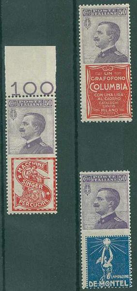 20Lis_1637.jpg -     Lote:     1637             Descrição:     Itália - Três selos novos de 50 ctms com vinheta publicitária dos "gramafones Columbia", "lâmpadas De Montel" e "máquinas de costura Singer". Catálogo Sassone 10, 12 e 16.         **        Valor Base:     &euro; 20,00     Valor Venda:     &euro;      