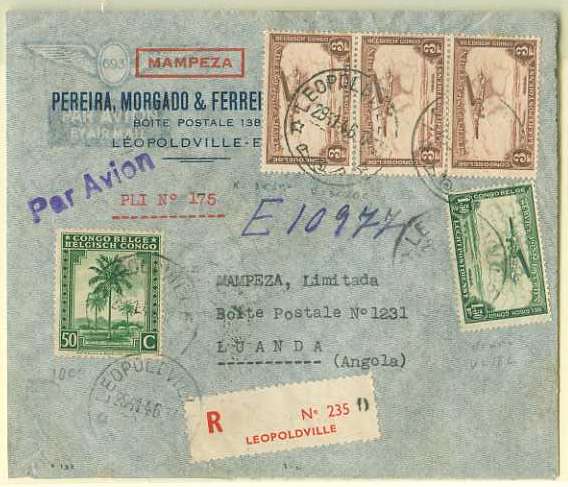 20Lis_1639.jpg -     Lote:     1639             Descrição:     Congo Belga. Carta remetida registada por via aérea de Leopoldville (29.01.46) para Luanda, com selos de 50 C Yvert234, e Correio Aéreo de 1,5F e tira de 3 selos de 1F, Yvert 9/10.         Aéreo        Valor Base:     &euro; 10,00     Valor Venda:     &euro;      