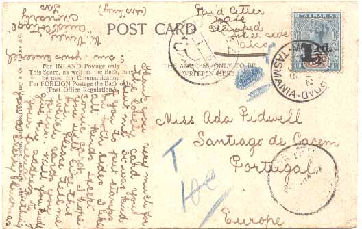 20Lis_1643.jpg -     Lote:     1643             Descrição:     Tasmânia. Postal ilustrado circulado da Tasmânia (12.12.1905) para Portugal com dois selos de 1.5 d s/ 5p (Scott100), porteado à chegada.         PI        Valor Base:     &euro; 10,00     Valor Venda:     &euro;      
