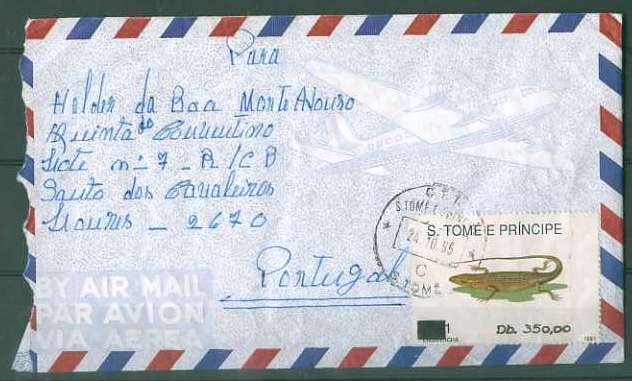 20Lis_1645.jpg -     Lote:     1645             Descrição:     S. Tomé e Príncipe * Palops. 1991 - Repteis. Lagarticha com sobretaxa em itálico. Db350 s/ 1 Db sobre carta circulada de S. Tomé (24.10.95) para Lisboa. B e R.         Carta        Valor Base:     &euro; 5,00     Valor Venda:     &euro;      