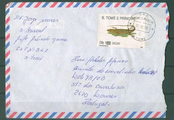 20Lis_1646.jpg -     Lote:     1646             Descrição:     S. Tomé e Príncipe * Palops. 1991 - Repteis. Lagarticha com sobretaxa tipo arial. 350 s/ 1 Db sobre carta circulada de S. Tomé (12.12.95) para Lisboa. B e R.         Carta        Valor Base:     &euro; 5,00     Valor Venda:     &euro;      