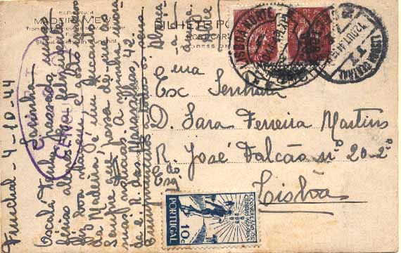 20Lis_1799.jpg -     Lote:     1799             Descrição:     2.ª Guerra Mundial. Postal ilustrado da Madeira, circulado do Funchal (04.10.44) para Lisboa (12.10.44) com dois selos de $10 Caravelas e selo de $10 1.º Congresso de Ciências Agrárias, CE618, 634, e marca de censura oval batida a violeta "C.M.P.T. / n.º 9 / CENSURADO".         PI        Valor Base:     € 6,00     Valor Venda:     €      