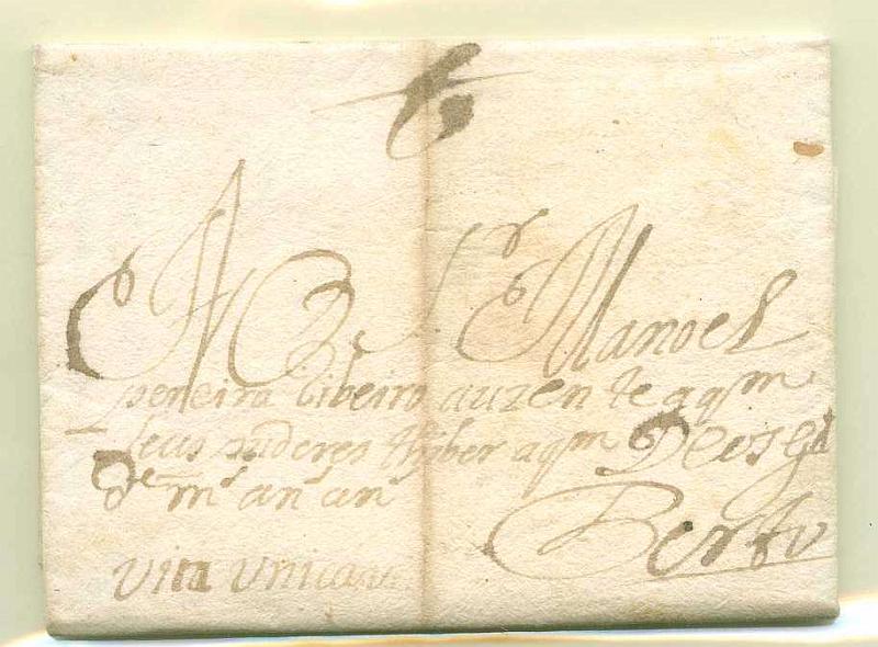 22Lis_0001.jpg -     Lote:    1            Portugal       Descrição:      Correios-Mor   Carta circulada do Rio de Janeiro (29.08.1744) para o Porto (via única). MB e R.        Carta       Valor Base:     &euro; 30,00     Valor Venda:     &euro; 420,00     