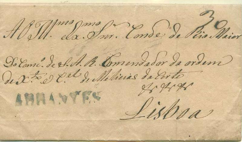 22Lis_0003.jpg -     Lote:    3            Portugal       Descrição:      Abrantes &mdash;   A azul, GM ABT1, em carta datada de Abrantes (11.12.1811) para Lisboa com o porte de 30 reis manuscrito a sépia.        Carta       Valor Base:     &euro; 20,00     Valor Venda:     &euro; 65,00     