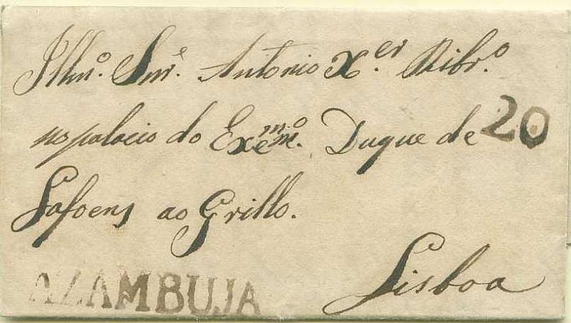 22Lis_0011.jpg -     Lote:    11            Portugal       Descrição:      Azambuja &mdash;   A sépia, GM AZB1 em carta datada de Azambuja (09.10.1841) para Lisboa, com o porte de 20 reis batido a sépia. MB.        Carta       Valor Base:     &euro; 34,00     Valor Venda:     Retirado     