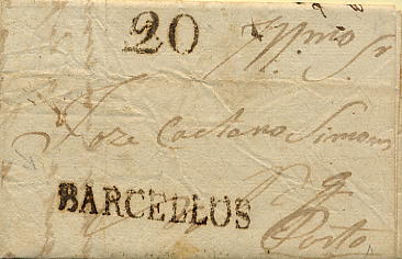 22Lis_0013.jpg -     Lote:    13            Portugal       Descrição:      Barcellos &mdash;   A sépia, GM BCL1, em carta datada de Barcelos (21.01.1819) para o Porto, com o porte de 20 reis batido a sépia. MB.        Carta       Valor Base:     &euro; 8,00     Valor Venda:     &euro; 12,00     
