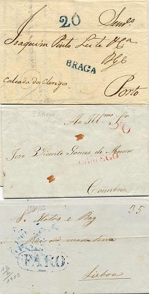 22Lis_0016.jpg -     Lote:    16            Portugal       Descrição:         Lote de 3 cartas pré-filatélicas com marcas de Braga (azul) &mdash; GM BRG (23.02.1853), Faro (azul) &mdash; GM FAR3 (12.02.1853) e Lamego (vermelho) &mdash; GM LMG1 (10.05.32). Marcas bem batidas.        Lote       Valor Base:     &euro; 10,00     Valor Venda:     &euro; 22,00     