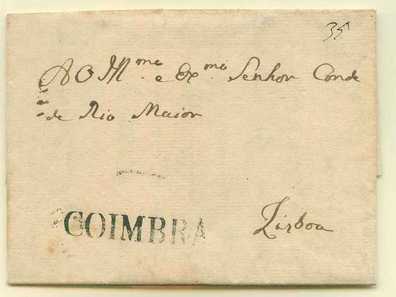 22Lis_0020.jpg -     Lote:    20            Portugal       Descrição:      Coimbra &mdash;   A preto, GM CBR2 em carta datada de Coimbra (17.10.1808) para Lisboa, com o porte de 35 reis manuscrito a sépia.        Carta       Valor Base:     &euro; 20,00     Valor Venda:     &euro; 20,00     
