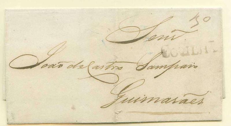22Lis_0023.jpg -     Lote:    23            Portugal       Descrição:      Covilhã &mdash;   A sépia, GM CVL1 em carta datada da Covilhã (25.07.1848) para Guimarães com o porte manuscrito a sépia de 30 reis.        Carta       Valor Base:     &euro; 65,00     Valor Venda:     Retirado     