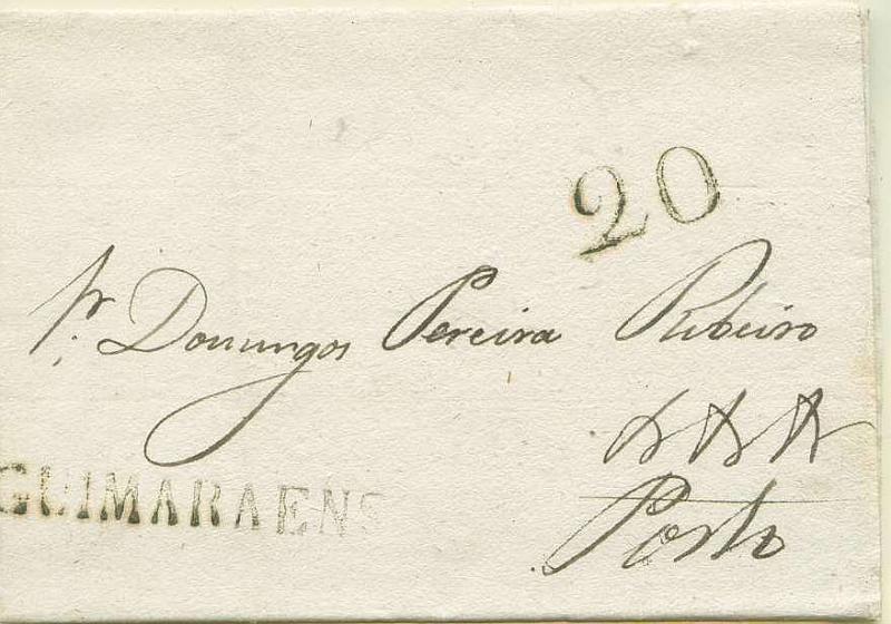 22Lis_0031.jpg -     Lote:    31            Portugal       Descrição:      Guimarães &mdash;   A preto, GM GMR1 em carta datada de 04.06.1821 para o Porto, com o porte de 20 reis batido a preto. MB.        Carta       Valor Base:     &euro; 11,00     Valor Venda:     &euro; 20,00     