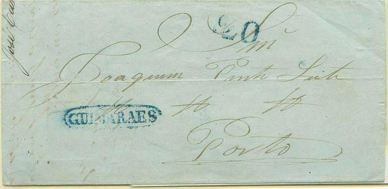 22Lis_0032.jpg -     Lote:    32            Portugal       Descrição:      Guimarães &mdash;   A azul, GM GMR3, em carta datada de 16.10.1848 para o Porto, com o porte de 20 reis batido a azul. B.        Carta       Valor Base:     &euro; 10,00     Valor Venda:     Retirado     