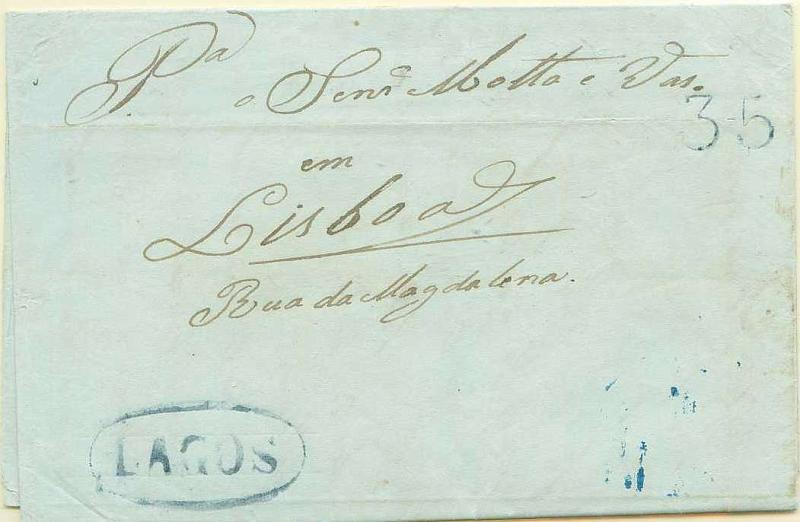22Lis_0033.jpg -     Lote:    33            Portugal       Descrição:      Lagos &mdash;   A azul, GM LGS3 em carta datada de 15.10.1851 para Lisboa, com o porte de 35 reis batido a azul.        Carta       Valor Base:     &euro; 24,00     Valor Venda:     Retirado     