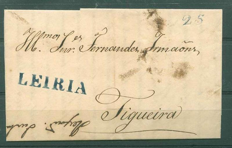 22Lis_0034.jpg -     Lote:    34            Portugal       Descrição:      Leiria &mdash;   A azul, GM LRA4, em carta datada de Leiria (05.06.1839) para a Figueira, com o porte de 25 reis batido a azul.        Carta       Valor Base:     &euro; 8,00     Valor Venda:     &euro; 26,00     