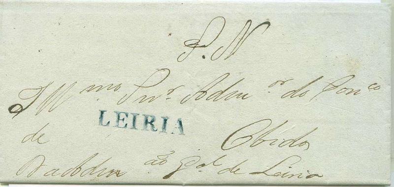 22Lis_0035.jpg -     Lote:    35            Portugal       Descrição:      Leiria &mdash;   A azul, GM LRD4 em carta datada de Leiria (20.09.1838) para Óbidos, isenta de porte "SNR". Certificado da FPF n.º 341.        Carta       Valor Base:     &euro; 16,00     Valor Venda:     &euro; 16,00     