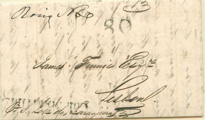 22Lis_0039.jpg -     Lote:    39            Portugal       Descrição:      Lisboa * Correio Marítimo &mdash;   A preto, GM LSB CM1 em carta circulada do Maranhão * Brasil (29.01.1824) para Lisboa, com o porte batido a preto em Lisboa de 80 reis.        Carta       Valor Base:     &euro; 42,00     Valor Venda:     Retirado     