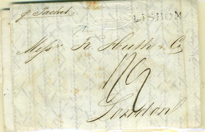 22Lis_0041.jpg -     Lote:    41            Portugal       Descrição:      Lisbon (Correio marítimo) &mdash;   A preto, marca do agente dos paquetes britânicos: lote de duas cartas uma datada de Lisboa (29.01.1850) para Londres: outra datada de Lisboa (04.05.1840), também para Londres.        Carta       Valor Base:     &euro; 10,00     Valor Venda:     &euro; 18,00     