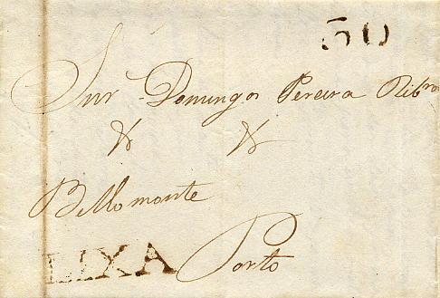 22Lis_0042.jpg -     Lote:    42            Portugal       Descrição:      Lixa &mdash;   A sépia, GM LXA1, em carta datada de Santar (12.02.1827) para o Porto, com o porte de 30 reis batido a sépia. MB        Carta       Valor Base:     &euro; 20,00     Valor Venda:     &euro; 24,00     