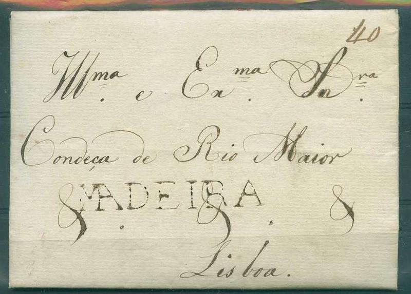 22Lis_0043.jpg -     Lote:    43            Portugal       Descrição:      Madeira &mdash;   A sépia, GM FUN1, em carta datada do Funchal (20.11.1812) para Lisboa, com o porte de 40 reis manuscrito a sépia. MB e R.        Carta       Valor Base:     &euro; 100,00     Valor Venda:     &euro; 1.050,00     