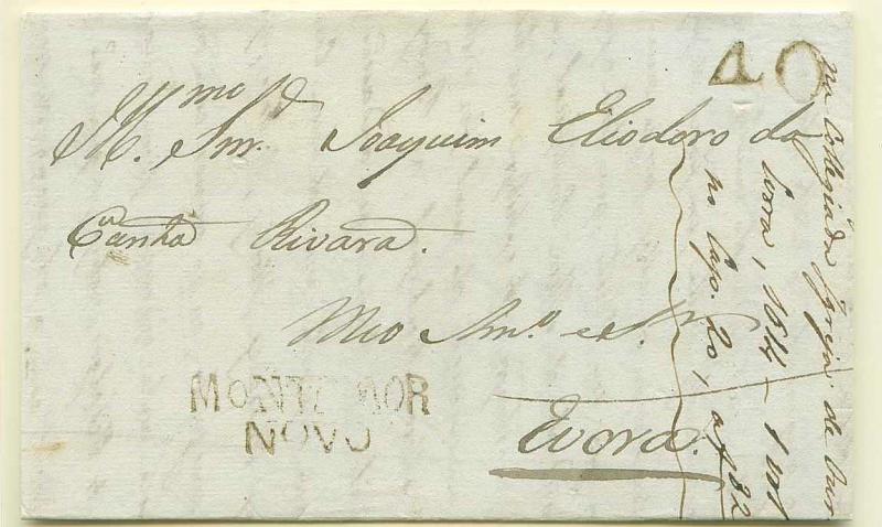 22Lis_0051.jpg -     Lote:    51            Portugal       Descrição:      Montemor-o-Novo &mdash;   A sépia, GM MMN3, em capa de carta circulada de Montemor para Évora, com o porte de 40 reis batido a sépia.        Carta       Valor Base:     &euro; 10,00     Valor Venda:     &euro; 16,00     
