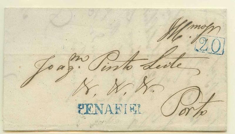 22Lis_0054.jpg -     Lote:    54            Portugal       Descrição:      Penafiel &mdash;   A azul, GM PNF2 em carta datada de Penafiel (25.02.1848) para o Porto, com o porte de 20 reis batido a azul. MB.        Carta       Valor Base:     &euro; 38,00     Valor Venda:     Retirado     