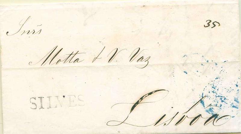 22Lis_0058.jpg -     Lote:    58            Portugal       Descrição:      Silves &mdash;   A preto, GM SLV1 em carta datada de 19.11.1845, para Lisboa, com o porte manuscrito a sépia de 35 reis. B e pouco vulgar.        Carta       Valor Base:     &euro; 50,00     Valor Venda:     &euro; 50,00     