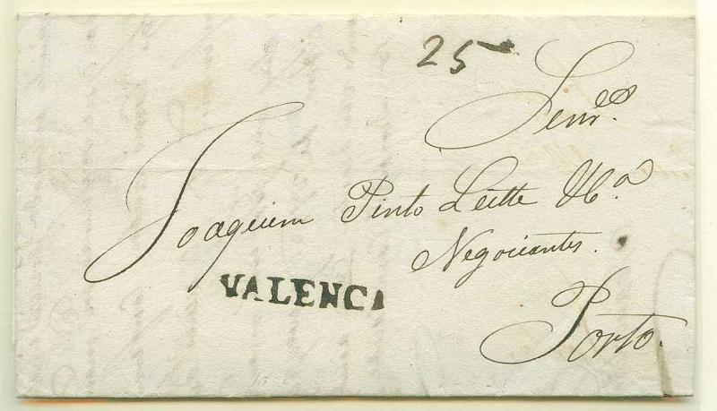22Lis_0059.jpg -     Lote:    59            Portugal       Descrição:      Valença &mdash;   A sépia, GM VLN2, em carta datada de Valença (17.01.1835), circulada para o Porto com o porte manuscrito a sépia de 25 reis.        Carta       Valor Base:     &euro; 10,00     Valor Venda:     &euro; 13,00     