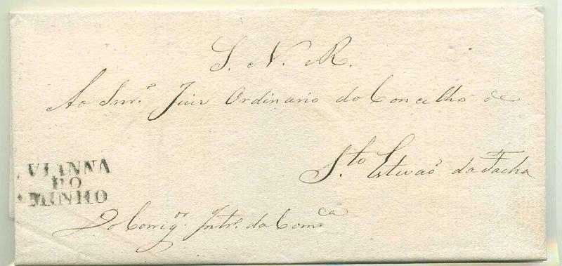 22Lis_0063.jpg -     Lote:    63            Portugal       Descrição:      Vianna do Minho &mdash;   A preto, GM VCT7 em carta datada de Viana (11.03.1835) para Santo Estêvão da Tocha, isenta de porte.        Carta       Valor Base:     &euro; 10,00     Valor Venda:     &euro; 16,00     