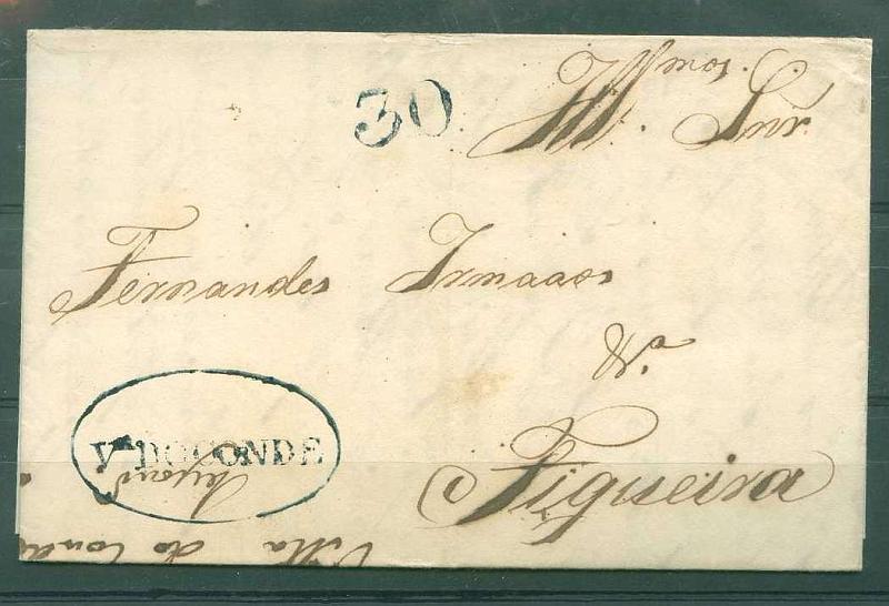 22Lis_0064.jpg -     Lote:    64            Portugal       Descrição:      Vila do Conde &mdash;   A azul escuro, GM VCD4, em carta datada de Vila do Conde (30.04.1840) para a Figueira, com o porte de 30 reis também batido a azul. MB.        Carta       Valor Base:     &euro; 8,00     Valor Venda:     &euro; 14,00     