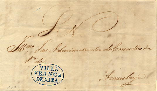 22Lis_0065.jpg -     Lote:    65            Portugal       Descrição:      Vila Franca de Xira &mdash;   A azul, GM VFX5, em carta datada de Vila Franca de Xira (25.08.1839) para Azambuja, isenta de porte. Marca muito bem batida.        Carta       Valor Base:     &euro; 15,00     Valor Venda:     &euro; 32,00     