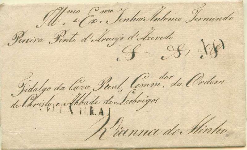 22Lis_0066.jpg -     Lote:    66            Portugal       Descrição:      Vila Real &mdash;   A sépia, GM VRL1 em carta datada de 11.02.1818 para Vianna do Minho, com o porte de 40 reis batido a sépia. B e R.        Carta       Valor Base:     &euro; 50,00     Valor Venda:     Retirado     